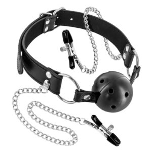 bâillon boule noire rigide percée et pinces à tétons - Fetish Tentation