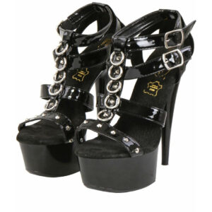 Chaussures ouvertes en similicuir verni. Finition anneaux pour vos jeux de bondage.