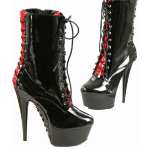 Bottines en vinyle à semelle compensée avec zip noir et rouge effet laçage
