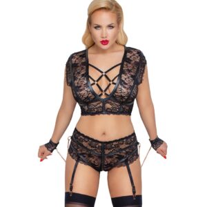 Ensemble 3pcs culotte à jarretelles et menottes
