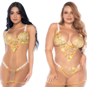 Nuisette transparente brodée jaune et string