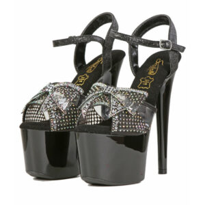 Mules plateformes Noir avec noeud avec strass, Talon 15.5 cm