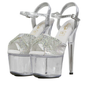 Mules plateformes transparente avec noeud avec strass, Talon 15.5 cm