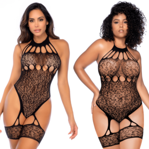 Body en résille léopard noir à tour de cou et jarretières intégrées - Mapalé