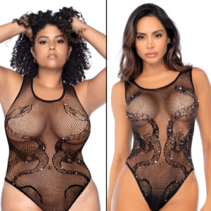 Body noir en résille motif serpent, orné de strass, ouvert à l’entrejambe - Mapalé