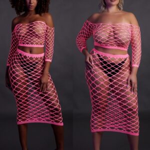 Bustier et Robe Filet Épaules dénudées Rose Fluo