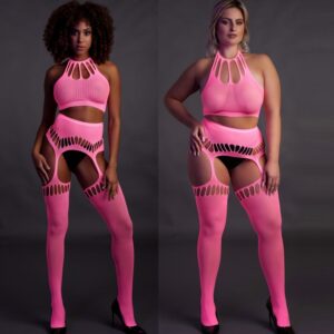 Ensemble Bustier Dos nu et Porte-Jarretelles 2 Pièces Rose Fluo
