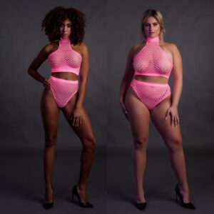 Ensemble Bustier et Culotte Filet Rose Fluo