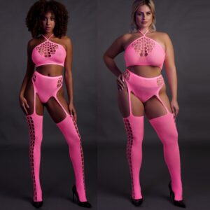 Ensemble Bustier et Porte-Jarretelles 2 Pièces Rose Fluo