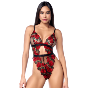 Body taille haute en résille noire brodée de roses avec ceinture
