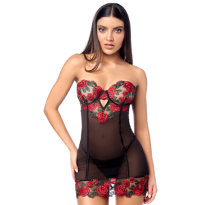 Nuisette sexy à armatures Mapalé broderie roses et string