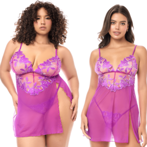 Nuisette sexy en résille brodée florale et string