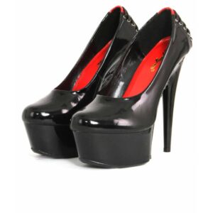 Escarpins fermés vernis noir plateau laçage rouge