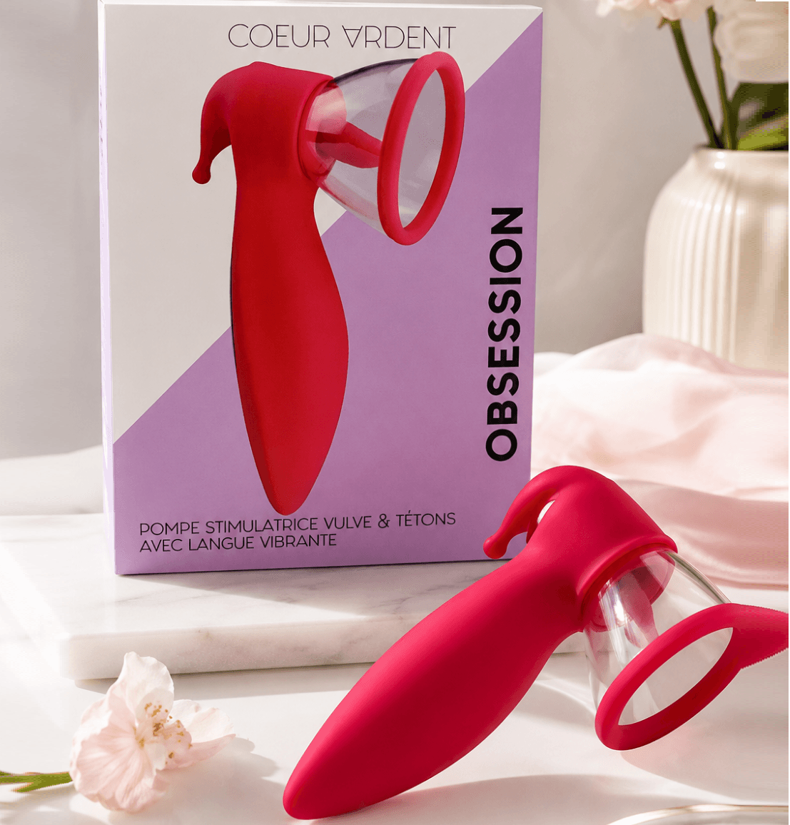 OBSESSION — Pompe Stimulatrice Vulve & Tétons avec Langue Vibrante |Coeur Ardent