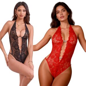 Body ouvert en dentelle rouge (taille unique) Rouge ou Noir
