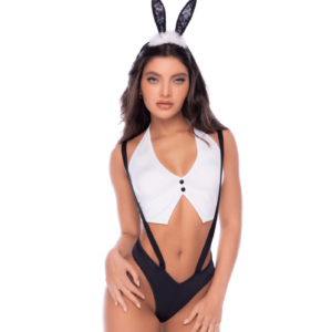 Déguisement lapine sexy 3 pièces avec oreilles, top court et culotte à bretelles - Mapalé
