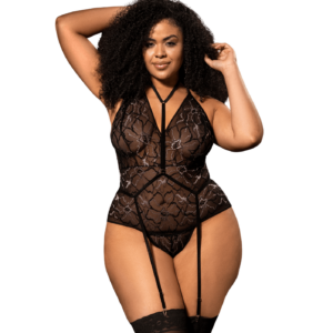 Body grande taille noir en dentelle florale avec harnais amovible - Mapalé