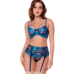 Ensemble 3 pièces bleu nuit brodé avec porte-jarretelles et string - Mapalé