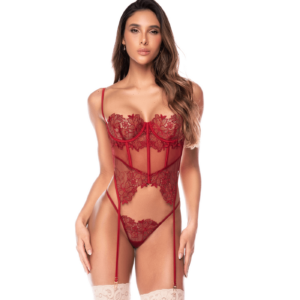Ensemble 2 pièces avec bustier en dentelle brodée bois de rose, jarretelles et string - Mapalé