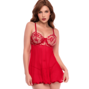 Nuisette transparente rouge rubis avec bonnets brodés à armatures et string - Mapalé
