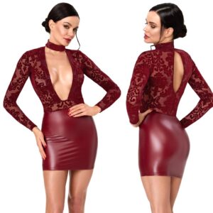 Mini robe manches longues décolleté bordeaux - Noir Handmade